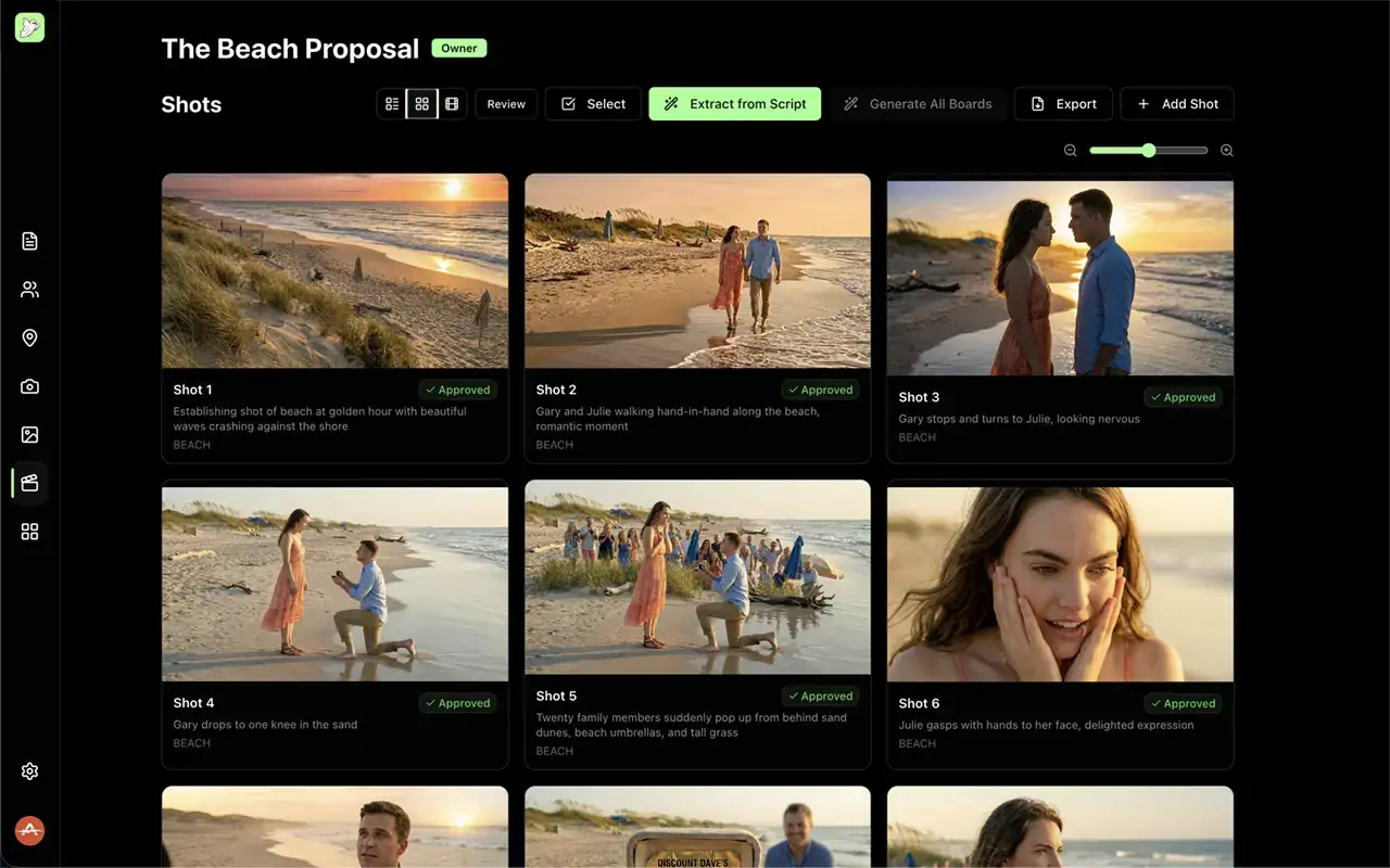 Conjure storyboard deck — beach proposal, golden hour, branded Google Slides export